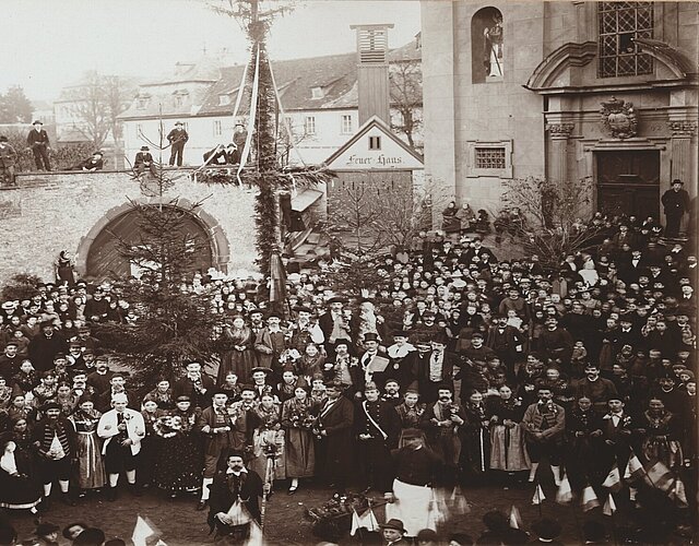 Historische Fotografie der Veitshöchheimer Maibaumaufstellung um 1900. Viele Besucher versammeln sich um den Maibaum auf dem Platz vor der Kirche.