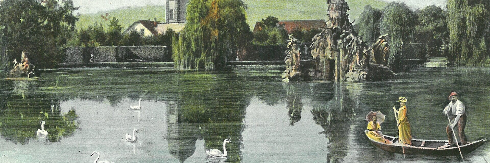 Historische Ansichtskarte des Rokokogartens. Großer See mit Musenberg Parnass