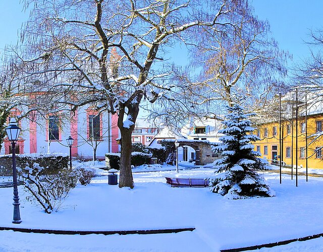 Winterlicher Erwin-Vornberger-Platz in Veitshöchheim. In der Mitte dies schneebedeckte Wiese, außenrum die Gebäude.